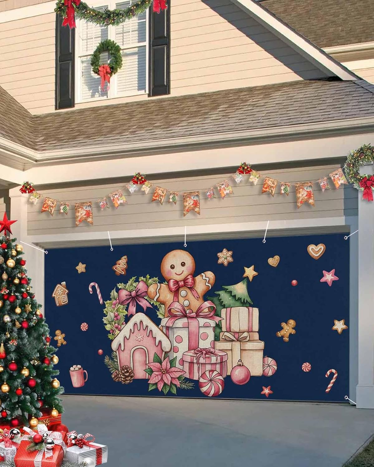 Garage Door Cover Banner 7x16 Ft, Navy Blue Gingerbread Christmas Garage Door Decorations for Christmas/Thanksgiving, Xmas Tree Gift House Star Large Hanging Backdrop Covers for Outdoor Holiday