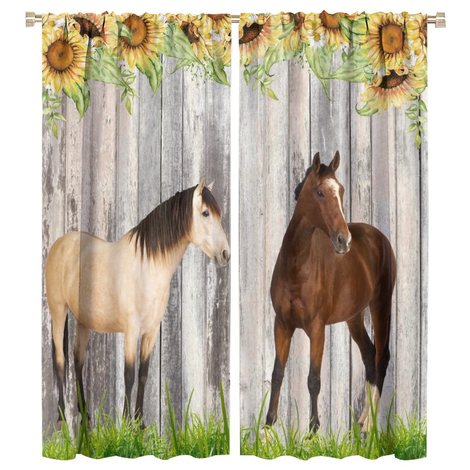 Farm Animal Curtains,Farmhouse Animals Horse Sunflower Floral Wooden Plank Background Rod Pocket Window Drapes for Living Room Bedroom Kitchen Bathroom Decor W55xL63in