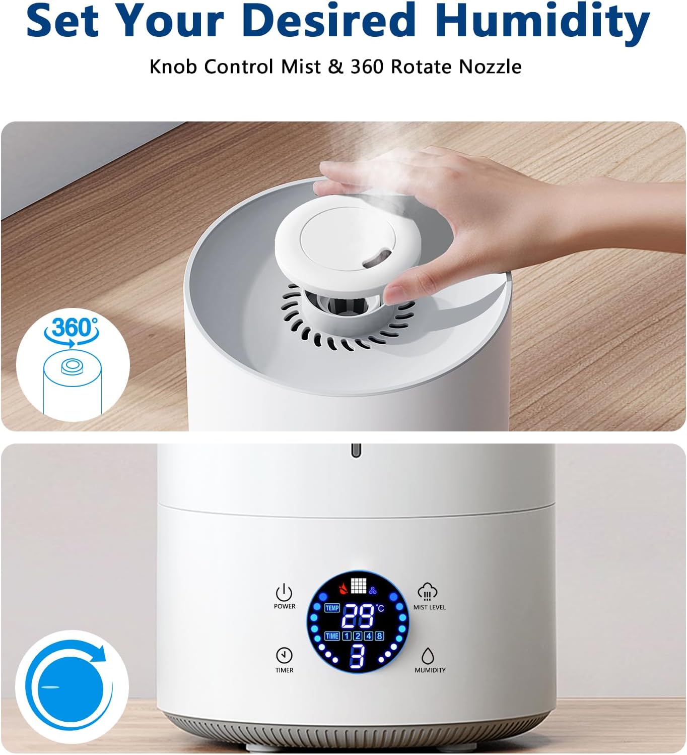 4L Humidifier for Large Room Bedroom, KZF Ultrasonic Cool Mist Humidifier with Humidistat, 360°Nozzle, Last 36 Hours Suitable for Baby Home Indoor Living Room Plant（25030601）