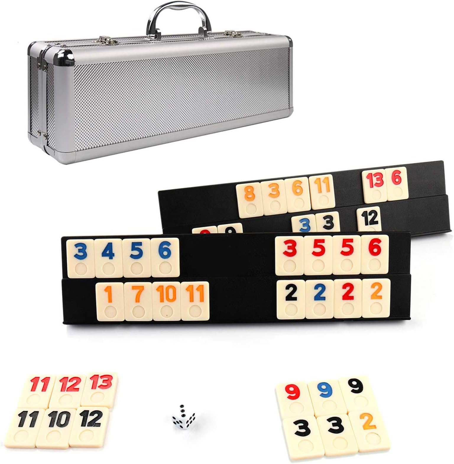106 Rummy Tiles Game, Rummy Cube Sets Travel Game Outlasting Color with Aluminum Case & 4 Anti-Skid Durable Trays