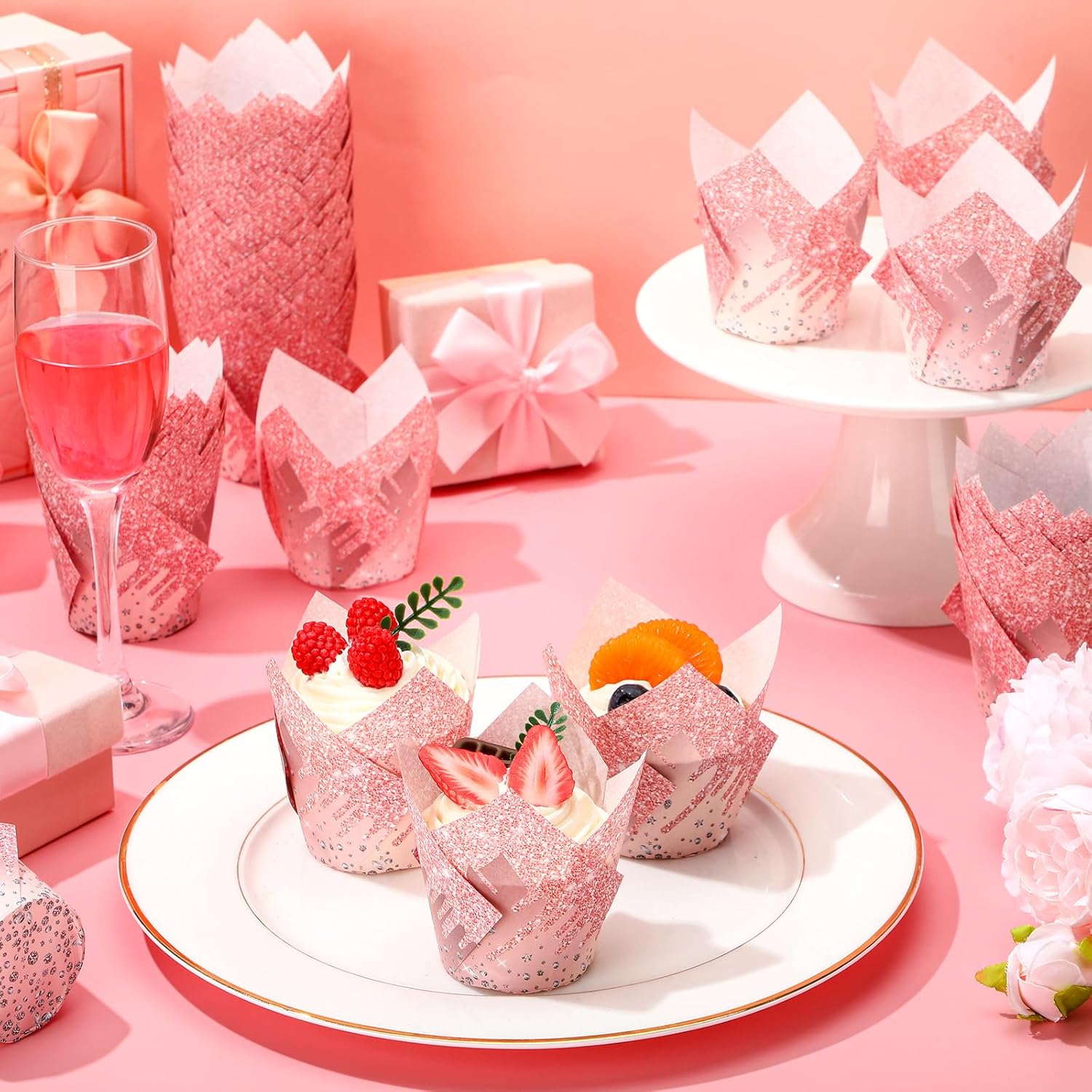 200 Pcs Pink Tulip Cupcake Liners Rose Gold Cupcake Wrappers Rose Gold Birthday Party Decorations Mini Paper Baking Cups Muffin Liners for Western Cowgirl Baby Shower Wedding Bridal Party Decor - Image 4
