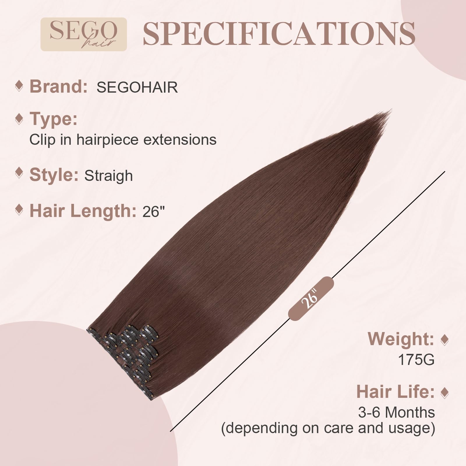 SEGOHAIR Hair Extensions Clip in 8Pcs 18 Clips Synthetic Fiber Seamless 26" Long Straight Full Head -Medium Brown - Image 3