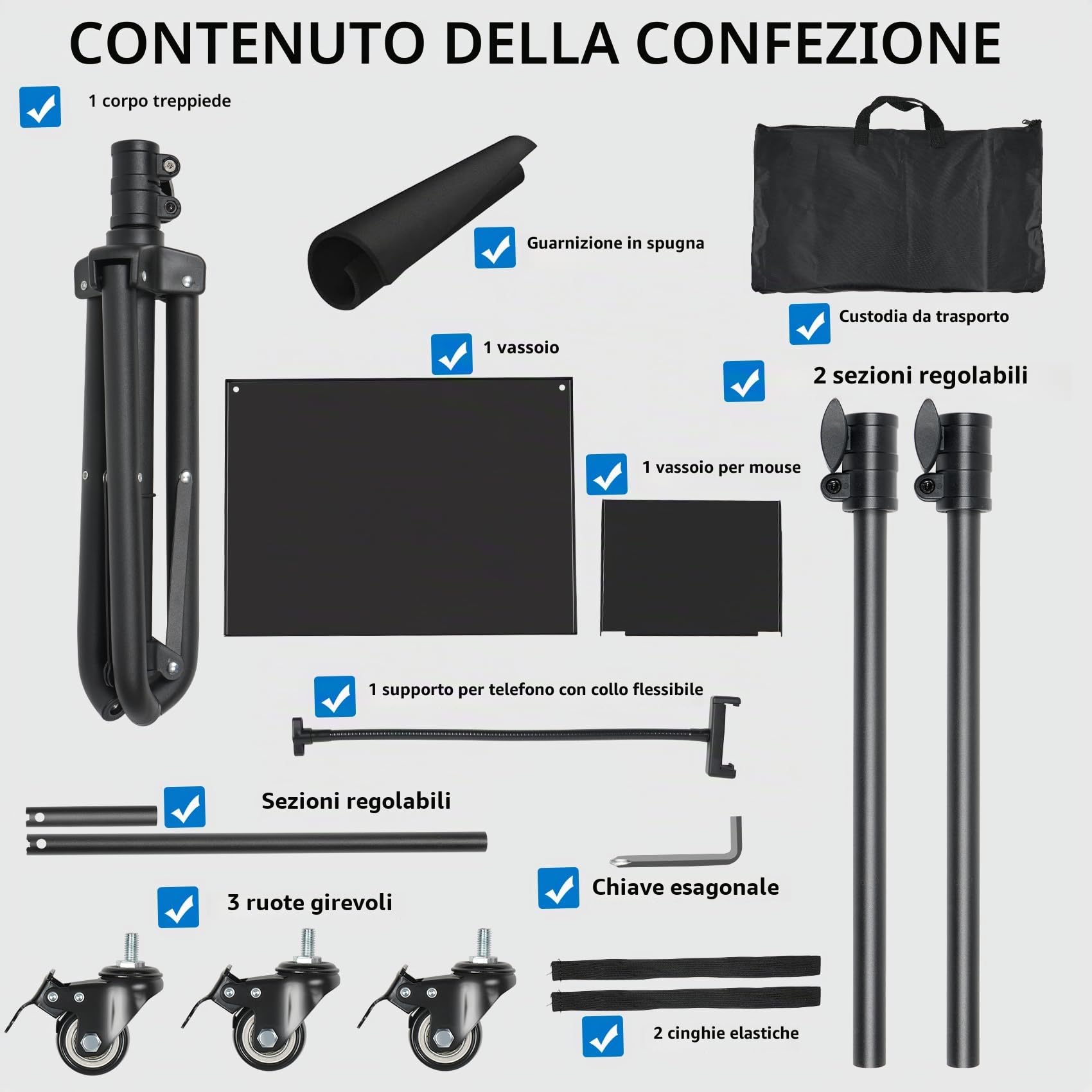 GlobalCrown Supporto Proiettore da Terra Regolabile in altezza (66-160 cm),Treppiede per Proiettore portatile Laptop con Vassoio per mouse e supporto per Telefono,Treppiede rotante con ruote