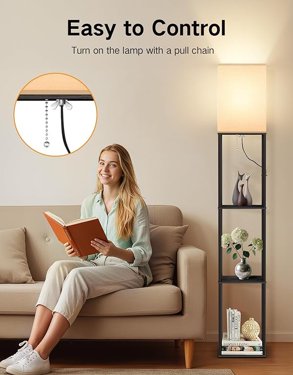 OUTON Floor Lamp with Shelves, Modern Square Standing Shelf Lamp with 3 Color Temperature Bulb, Storage Display Wood Column Tall Bookshelf Lamp for Living Room, Bedroom, Office, Black by OUTON - Image 4