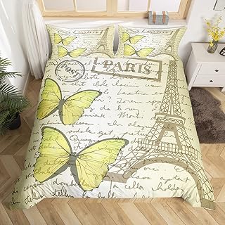 Erosebridal Paris Bedding Set Eiffel Tower Comforter Cover for Kids Boys Vintage Butterfly Decor Toddler Bed Set for Girls, France Eiffel Tower Duvet Cover Twin with 1 Pillowcase