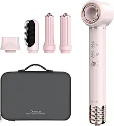 GOKOCO Secador de Cabelo 5 em 1 Conjunto, Escova Secadora 1400W Alta Velocidade 110000 Rpm, Kit Modelador Liso e Cacheado com Bocal Magnético 127Volt e 110Volt, Rosa