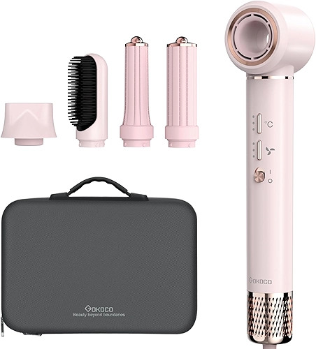 GOKOCO Secador de Cabelo 5 em 1 Conjunto, Escova Secadora 1400W Alta Velocidade 110000 Rpm, Kit Modelador Liso e Cacheado com Bocal Magnético 127Volt e 110Volt, Rosa