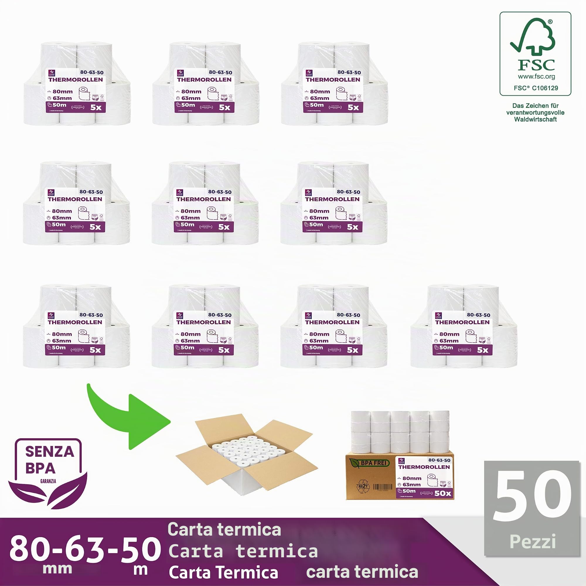 LYNNE - Rotoli Cassa 80x63 Termica Fiscale - Rotolini carta termica 80x63x12 - Rotolo per stampante registratore di cassa fiscale 80mm x 50m x 12mm - [50x]