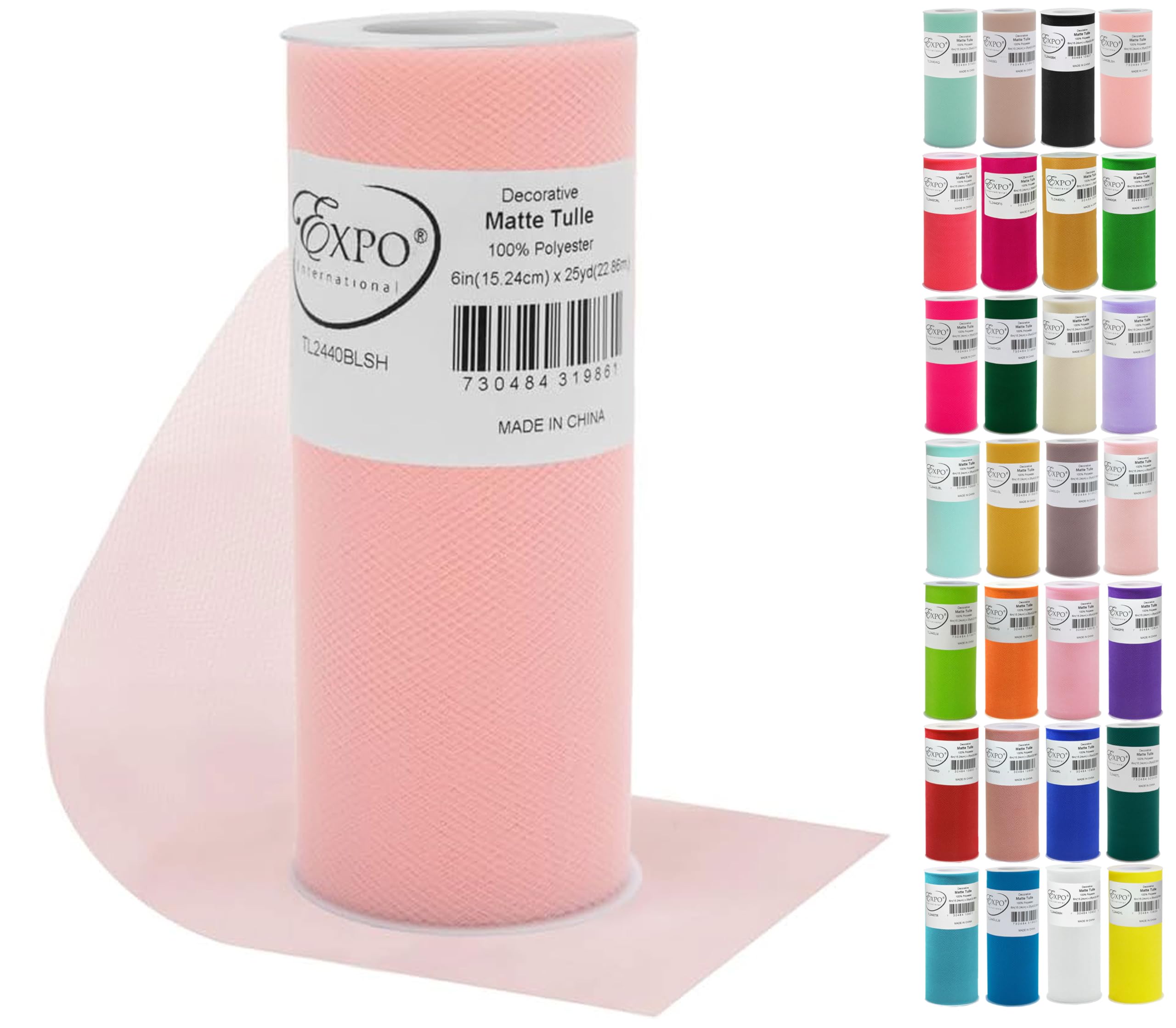 Expo International Decorative Matte Tulle, Roll/Spool of 6 Inch x 25 Yards (Pack of 1), Polyester-Made Tulle Fabric, Matte Finish, Lightweight, Versatile, Washable, Easy-to-Use, Blush Pink