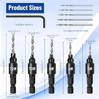 shengbenhao Countersink Drill Bit Set, 11 PCS Counter Sink Drill Bits for Wood, #5, #6, #8, #10, #12, Quick Change 1/4