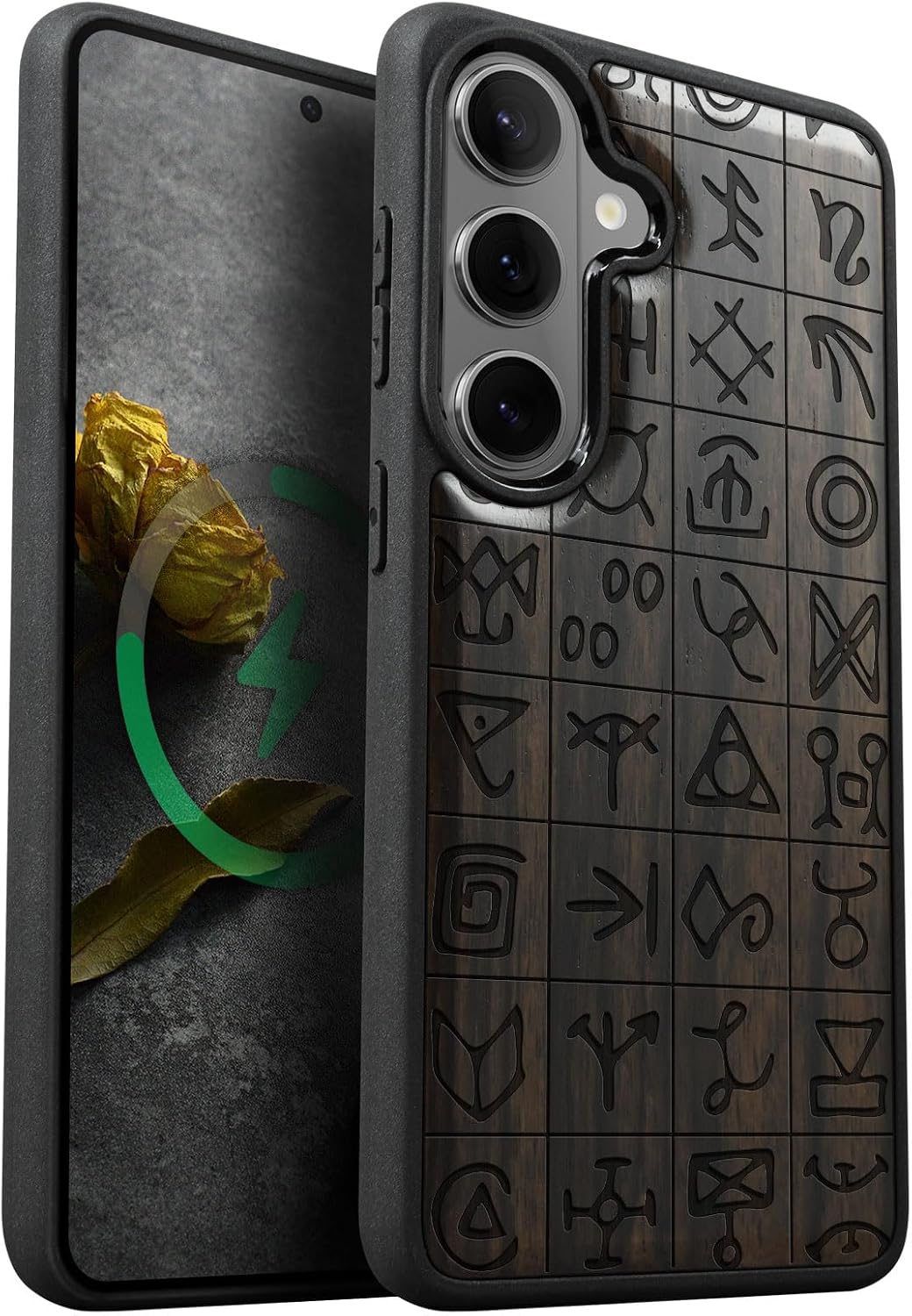 Carveit Magnetic Wooden Case for Galaxy S26+ Samsung S26 Plus Case, TPU Shockproof Cover & Wood Engraved, Compatible with MagSafe Wireless Chargers (Mystical Runes) Walnut