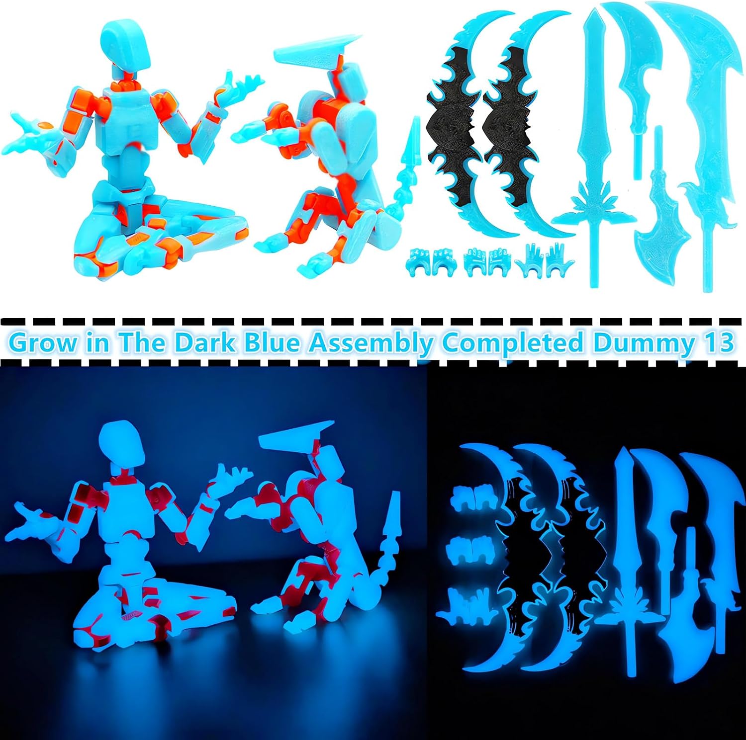 Titan 13 Action Figures (Grow in The Dark Blue) T13 3D Action Figure Set Already Assembled Dummy Robot Nova 13 Printed Multi-Jointed Movable Toy for Gift Collectors (Blue Orange + Dog) image 4