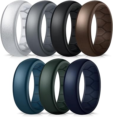 Forthee Silicone Wedding Ring for Men, Breathable Inner Curve Rubber Bands | Comfort Fit Silicone Rings for Him, Mens Rubber Engagement Band for Gym/Workout/Daily Wear, Flexible Step Edge Ring, 4/7Pack