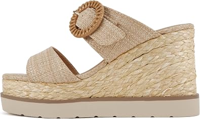 Soda Doheny  Women Open Square Toe Double Strap Wedge Sandal with Buckle Detail