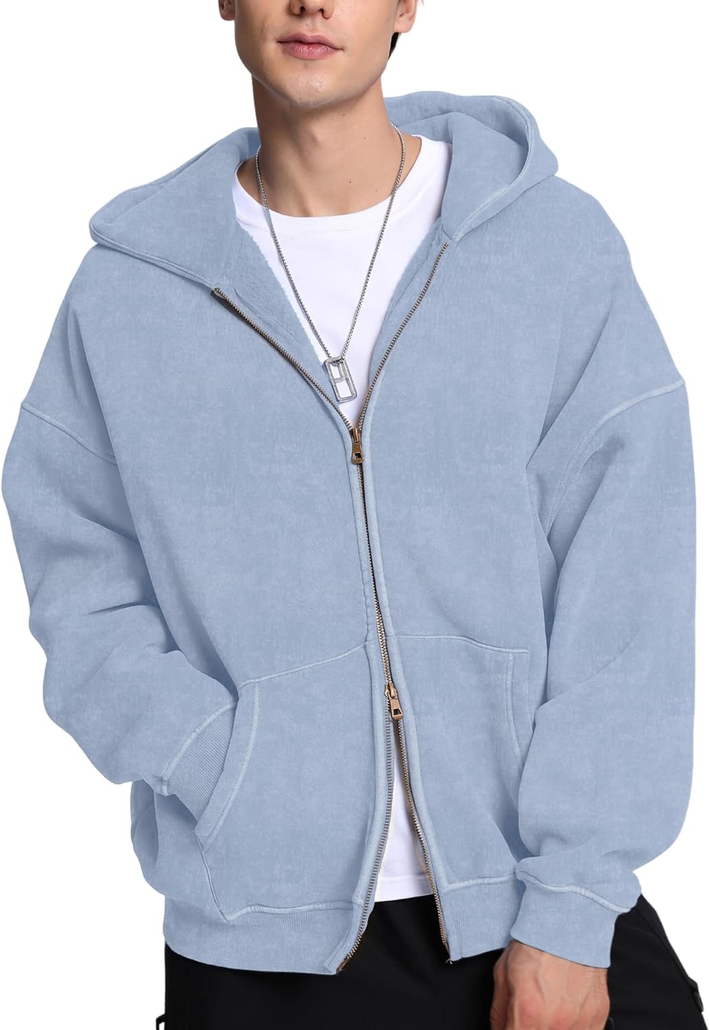 FAIABLE Womens Mens Double Zip Up Hoodie Oversized Acid Wash Heavyweight Hoodie Distress Cotton Fleece Full Zipper Sweatshirt - Image 2