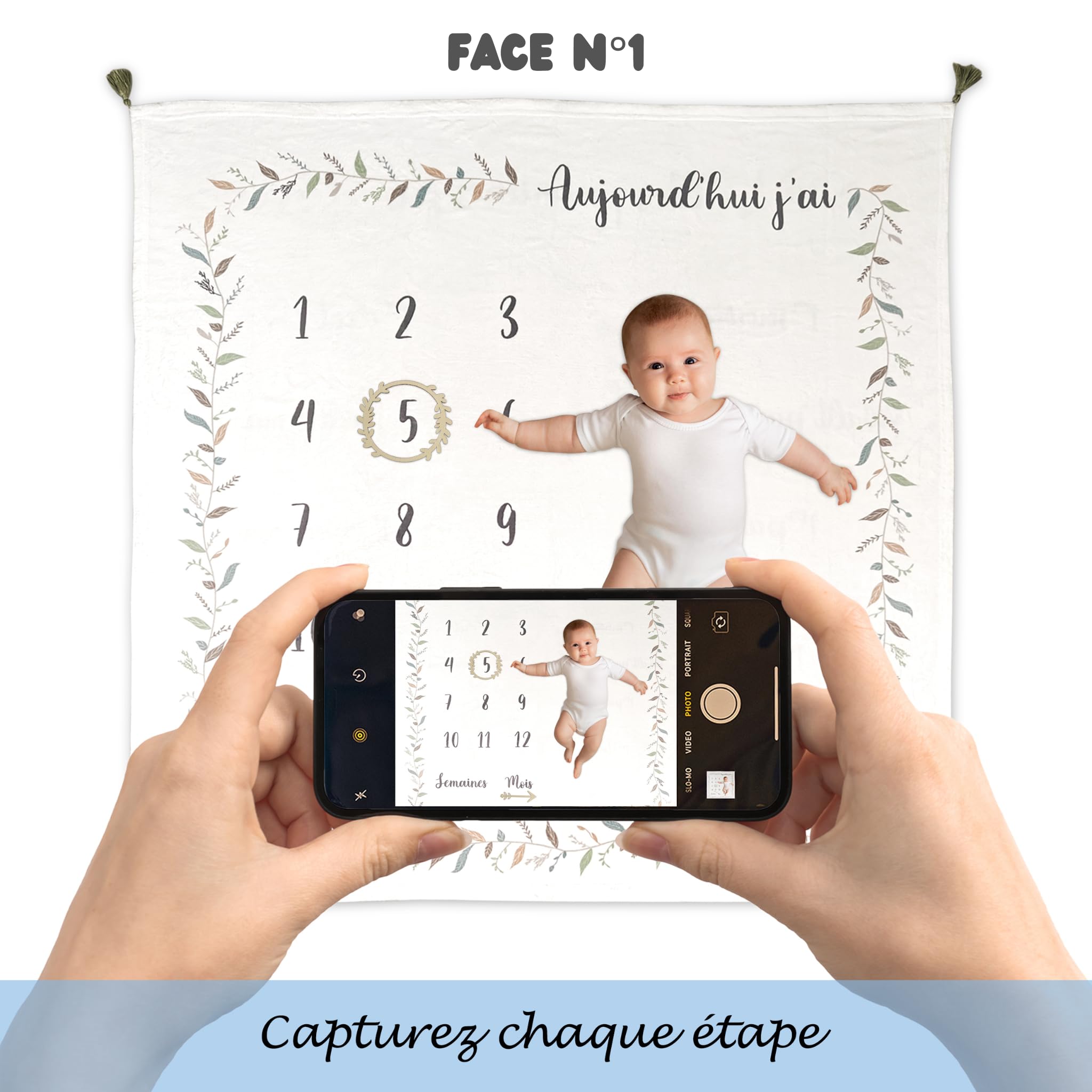 Babyfun Couverture Etape Bebe Imprimée Double Face – Tapis Mois Bebe en Français - Tapis Photo Bebe Mois - Cadeau Naissance Fille ou garçon - Label Oeko-TEX - Accessoires et Boite Cadeau Inclus