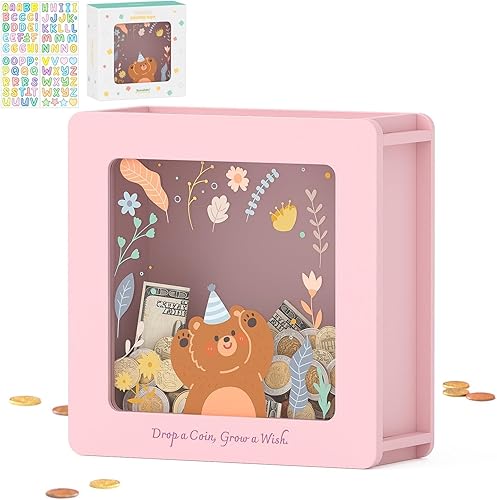 Miniatura 12 de Summidate Caja de ahorro de dinero de madera, caja de ahorro de ventana transparente -10000 desafío con calcomanías de rastreador, alcancía