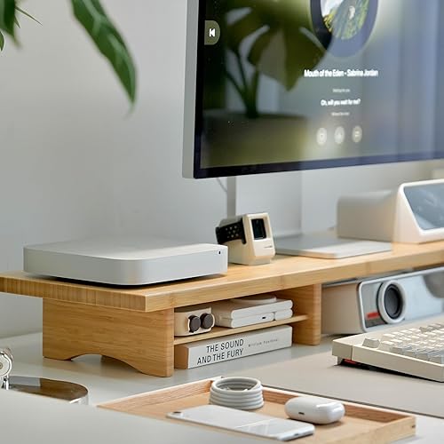 Miniatura 4 de Bamboo Dual Monitor Stand Riser Natural - Elevador de monitor de escritorio de 2 niveles para 2 monitores, compatible con monitor de computadora de