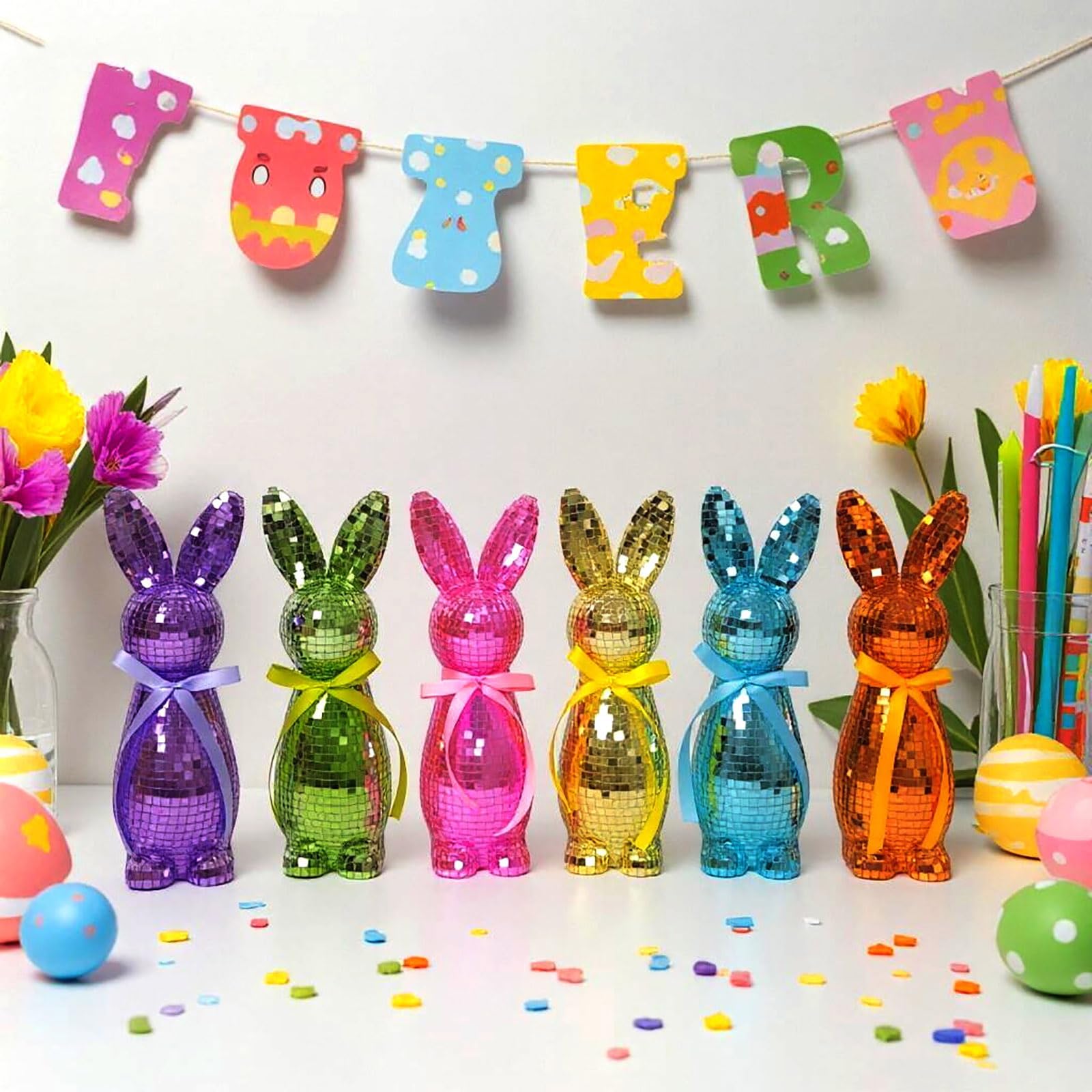 5 decorazioni a forma di coniglietto pasquale, a forma di palla da discoteca, lucide, riflettenti, scintillanti, a forma di coniglietto pasquale, decorazioni per feste di primavera, coniglietti