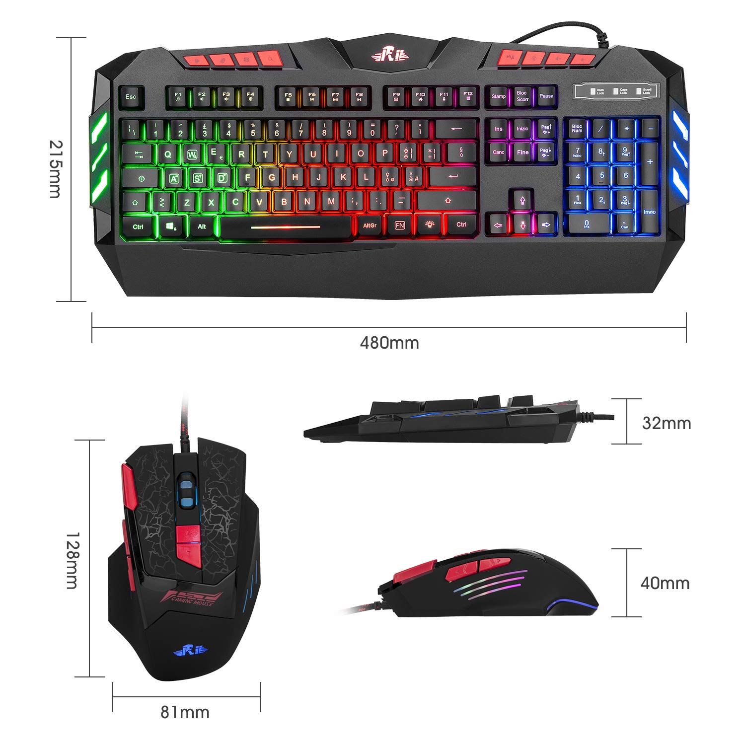 Rii Gaming RK900+ (Layout Italiano) - Set Tastiera con Anti-Ghosting e Mouse con Sensibilità Regolabile Fino a 2400 DPI (con retroilluminazione LED Arcobaleno)