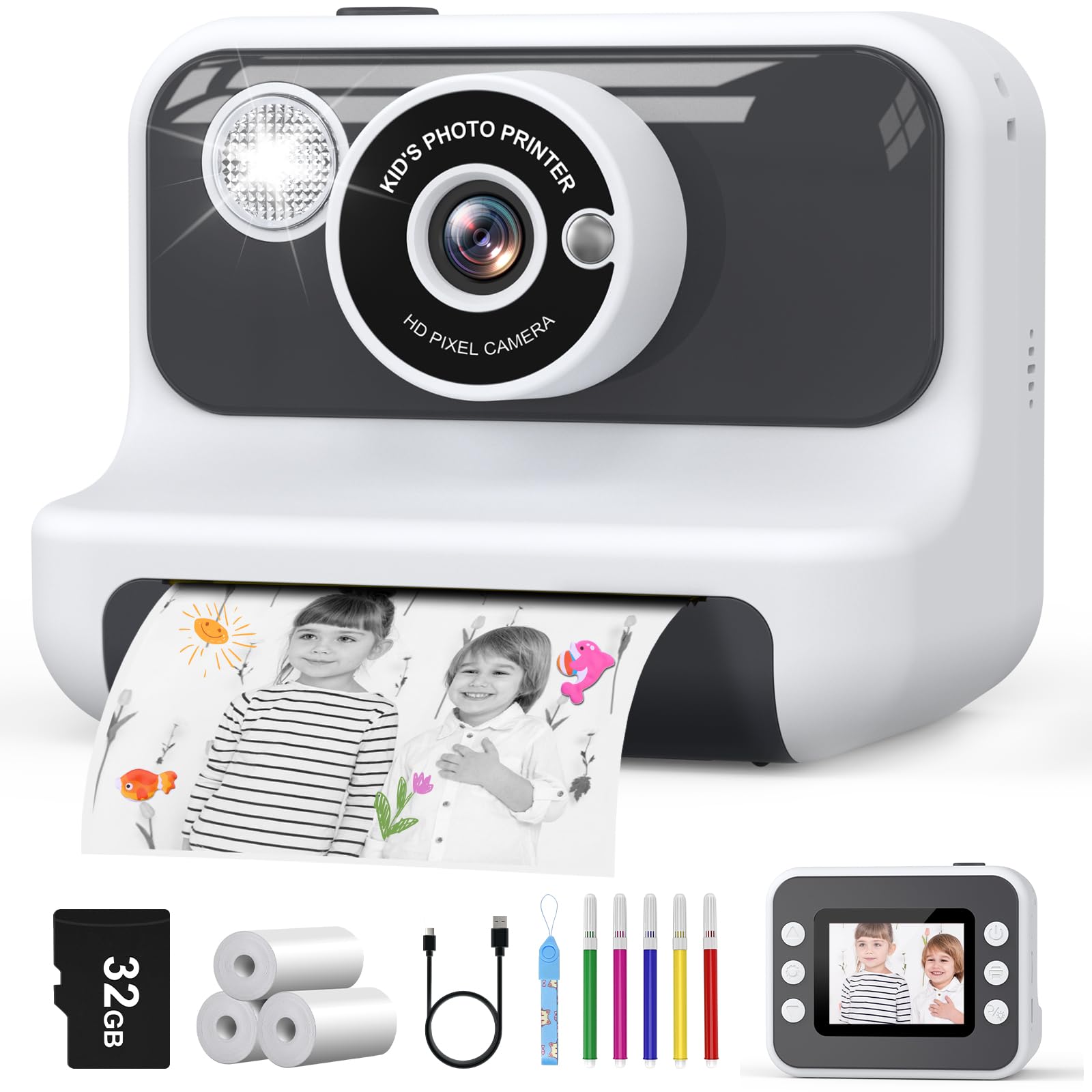 Hangrui Macchina Fotografica Bambini Istantanea, 2,4 Pollici Fotocamera Istantanea Bambini con 32G Scheda,20MP/1080P Fotocamera Digitale,Giocattolo Regalo per Ragazze Ragazzi dai 3-10 Anni-Bianco
