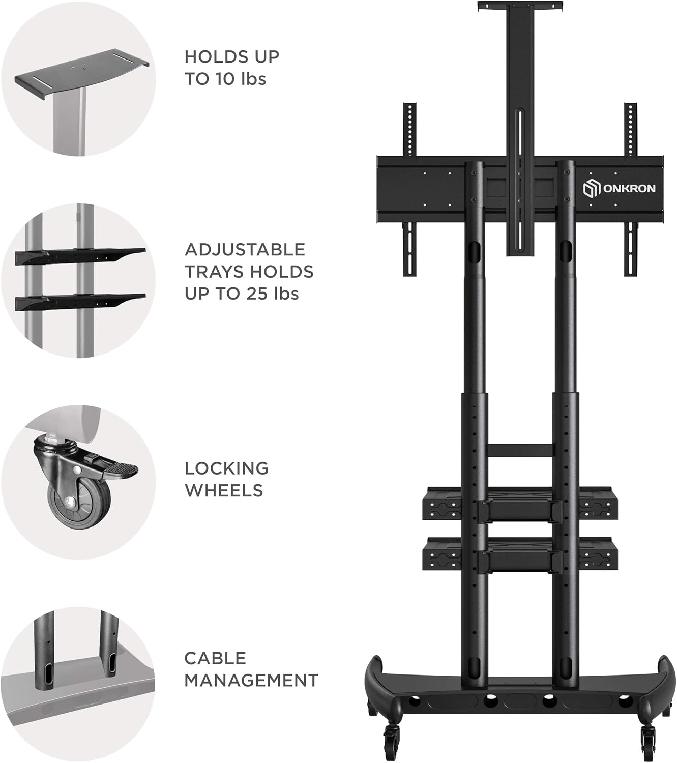 ONKRON Mobile TV Stand Rolling TV Cart with Wheels for 55" to 80 Inch LCD LED Flat Screen TV with AV Shelves TS1892 : Office Products