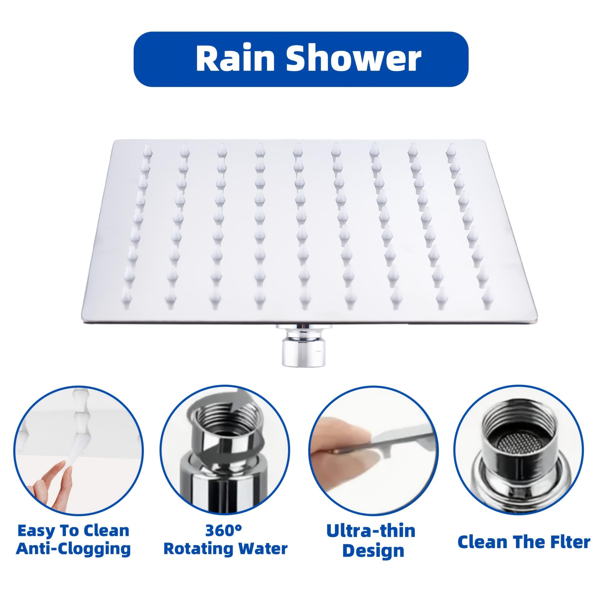 Cabezal de ducha de lluvia 304 s.s de 8 pulgadas con ducha de mano de 5 ajustes y manguera de ducha, 60 pulgadas se extiende a 70 pulgadas de largo y desviador de 3 vías
