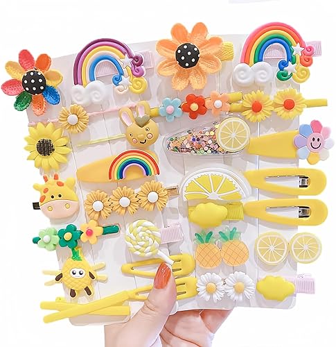 Juego de 28 pinzas para el cabello para niñas, accesorios para el cabello de flores, frutas, colores, arcoíris, dulces, postres, encantadores