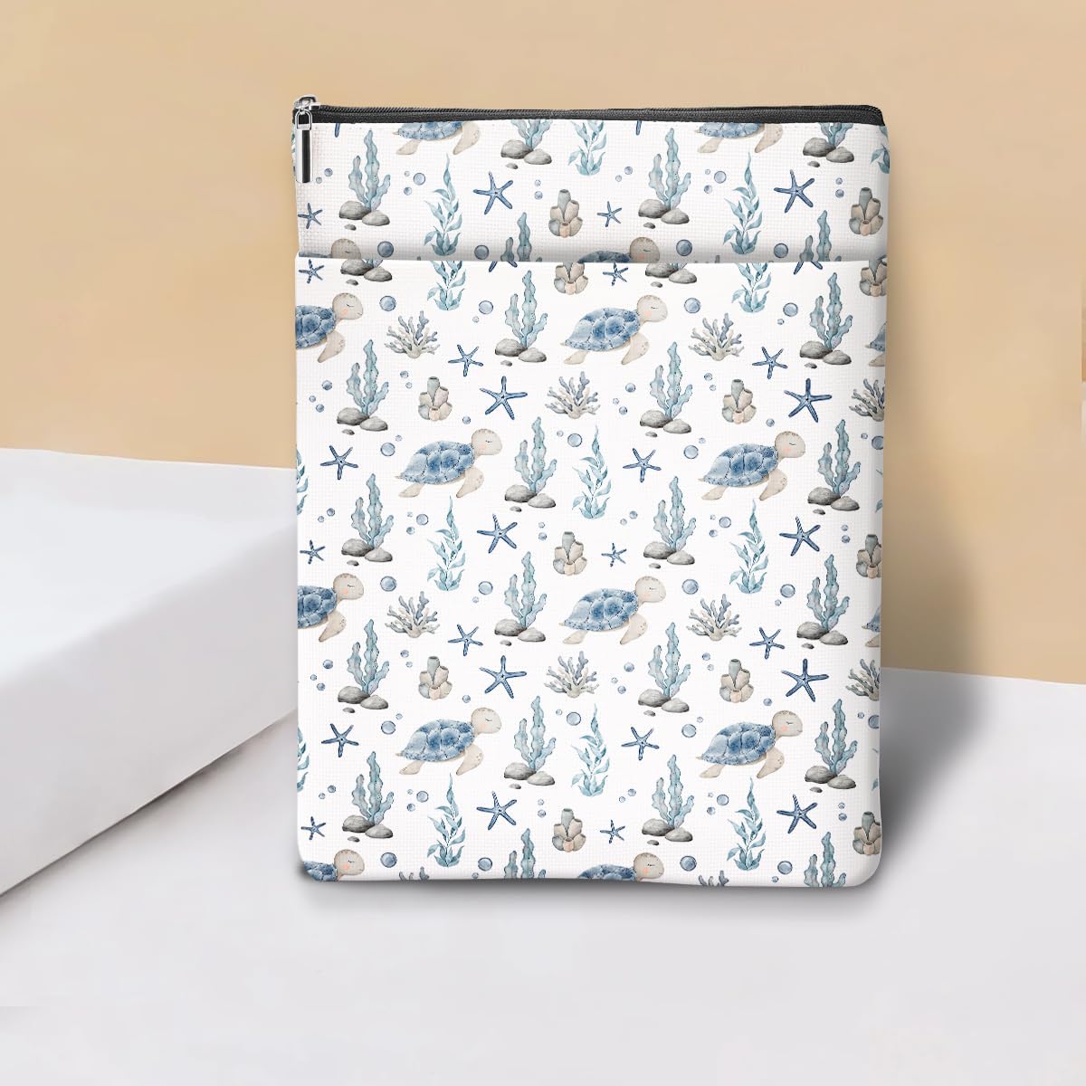 Turtle Starfish Book Sleeve, Book Lovers Gift Sleeve with Zipper & Front Pocket, 11.5x8.8 Inch Canvas Books Cover Protector Bookish Gifts for Readers Women Friend Christmas Birthday Gift
