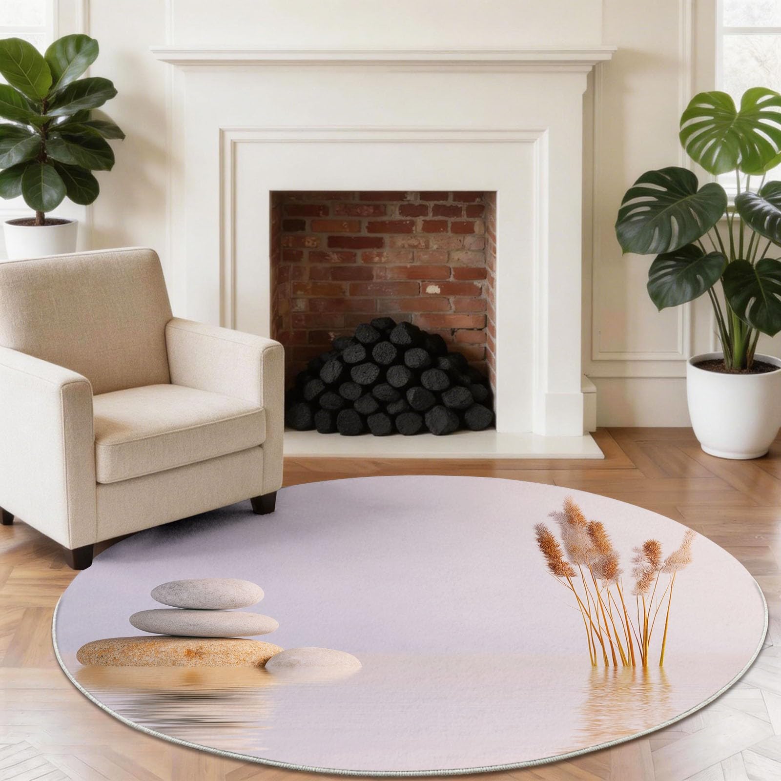 Tappeto rotondo antiscivolo, 120 cm, con pietre zen, piante, tappeto rotondo per sotto il tavolo, rosa pallido, morbido, a pelo basso, per spa, soggiorno, camera da letto, sala da pranzo e ufficio