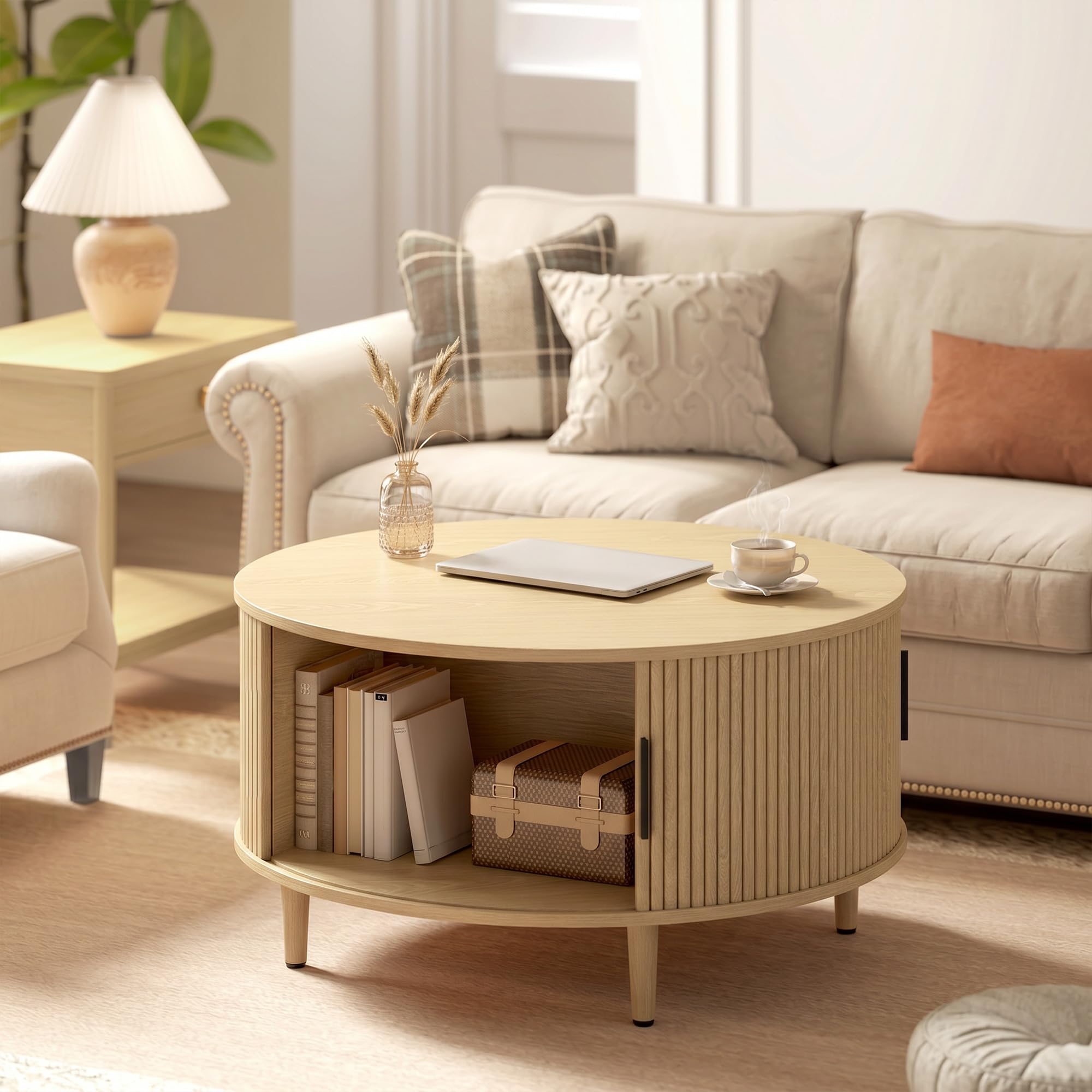 HOMCOM Tavolino rotondo contenitore, 80 cm centro moderno, Naturale