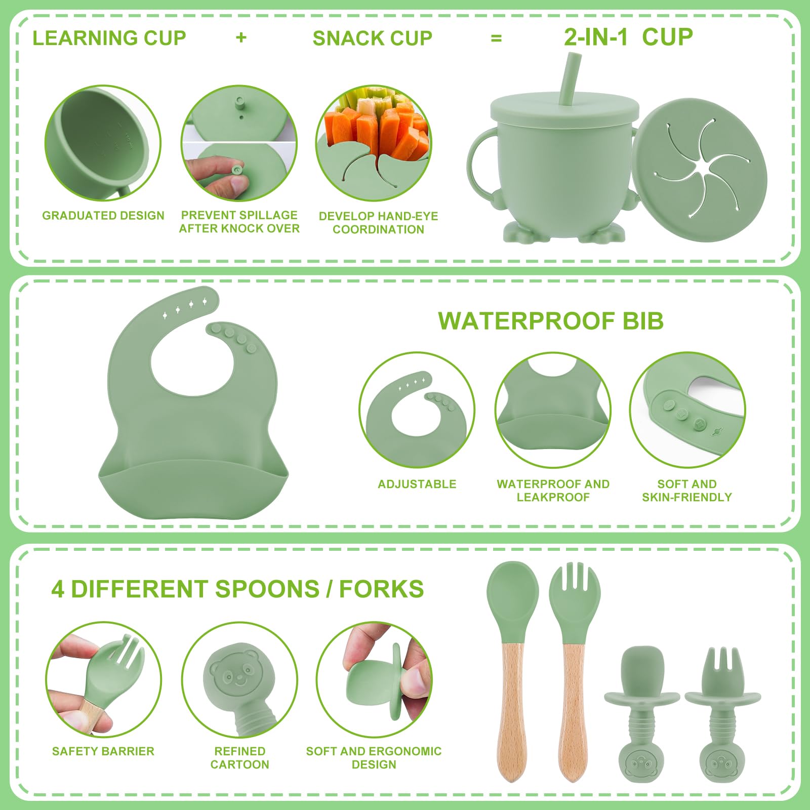 Feelhap Coffret Repas Bébé 9 Pièces - Assiette Ventouse Silicone, Bol, Bavoir, Couverts Vert