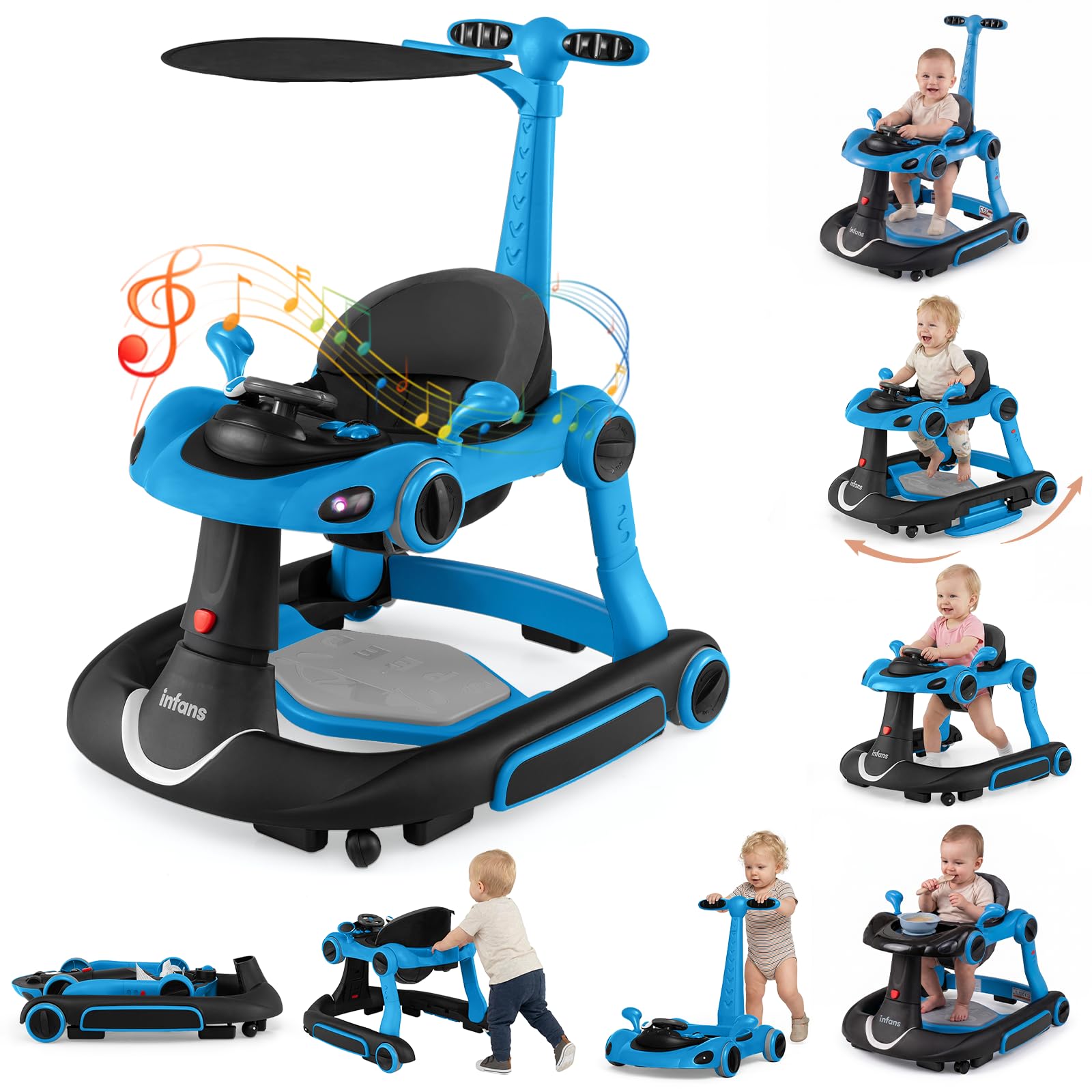 INFANS 7-in-1 Foldable Baby Walker, Converts Push Car to Bouncer, Rocker with Music, Lights, Adjustable Height & Speed, Activity Center, Canopy for 7-18 Months (Blue)