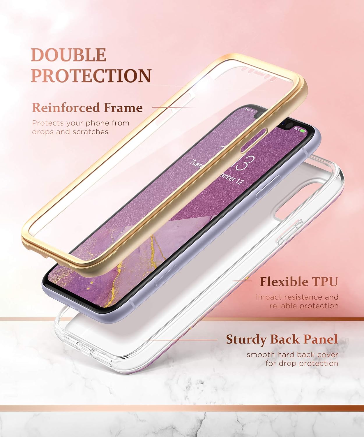 GVIEWIN Designed for iPhone 11 Case 6.1 Inch, [Built-in Screen Protector] [Full-Body Protection] Stylish Marble Shockproof Protective Phone Case Slim Thin Cover (2019 Release) (Romantic Purple)