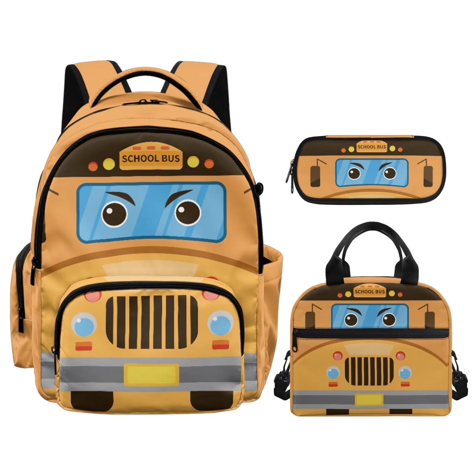 Set di 3 libri scolastici per ragazze con astuccio termico per il pranzo, Bus scolastico, L, Casual