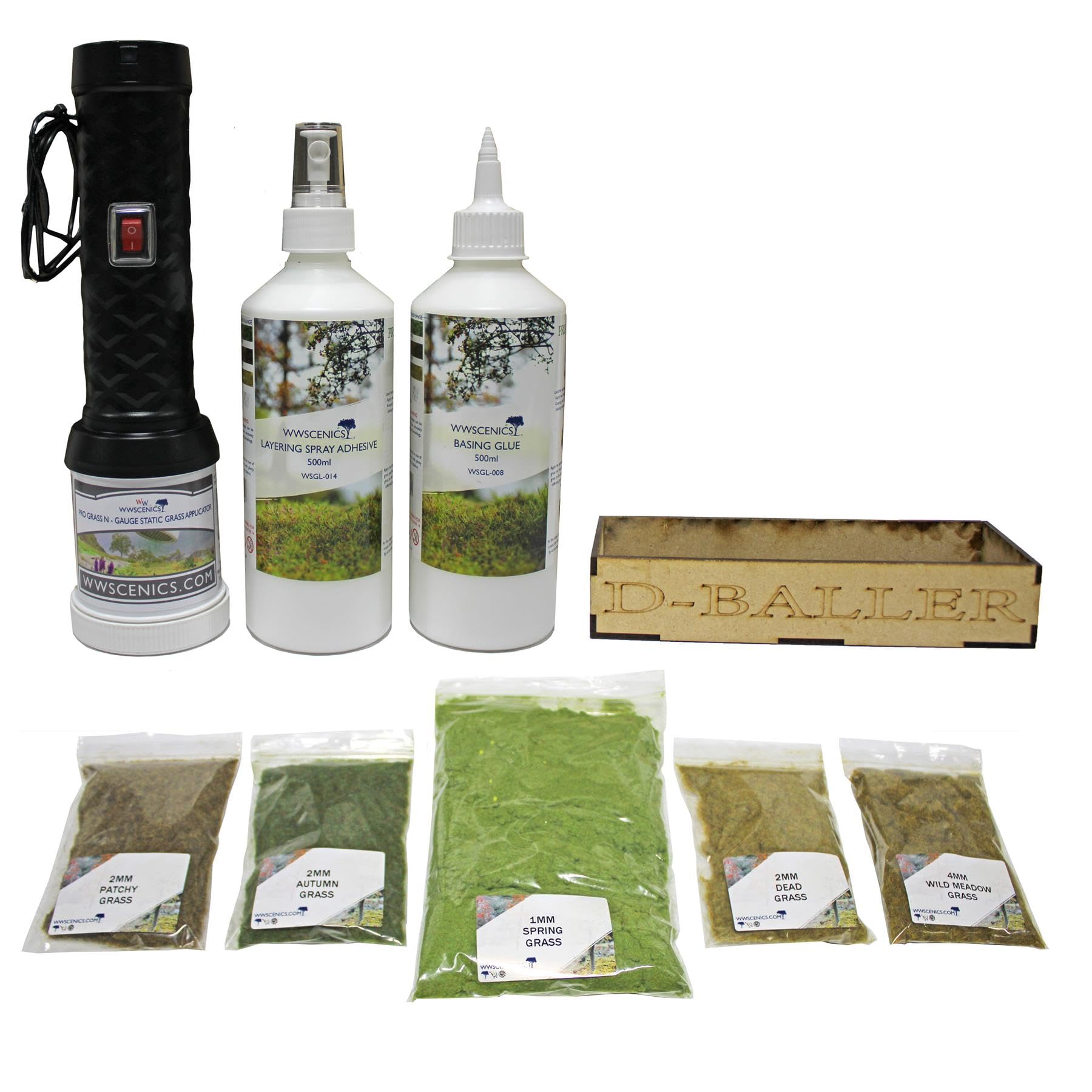 WWScenics Pro Grass Gras-Schichtaufbau Set | Spur-N Starter Kit mit Statische Grasfasern und Begrasungsgerät