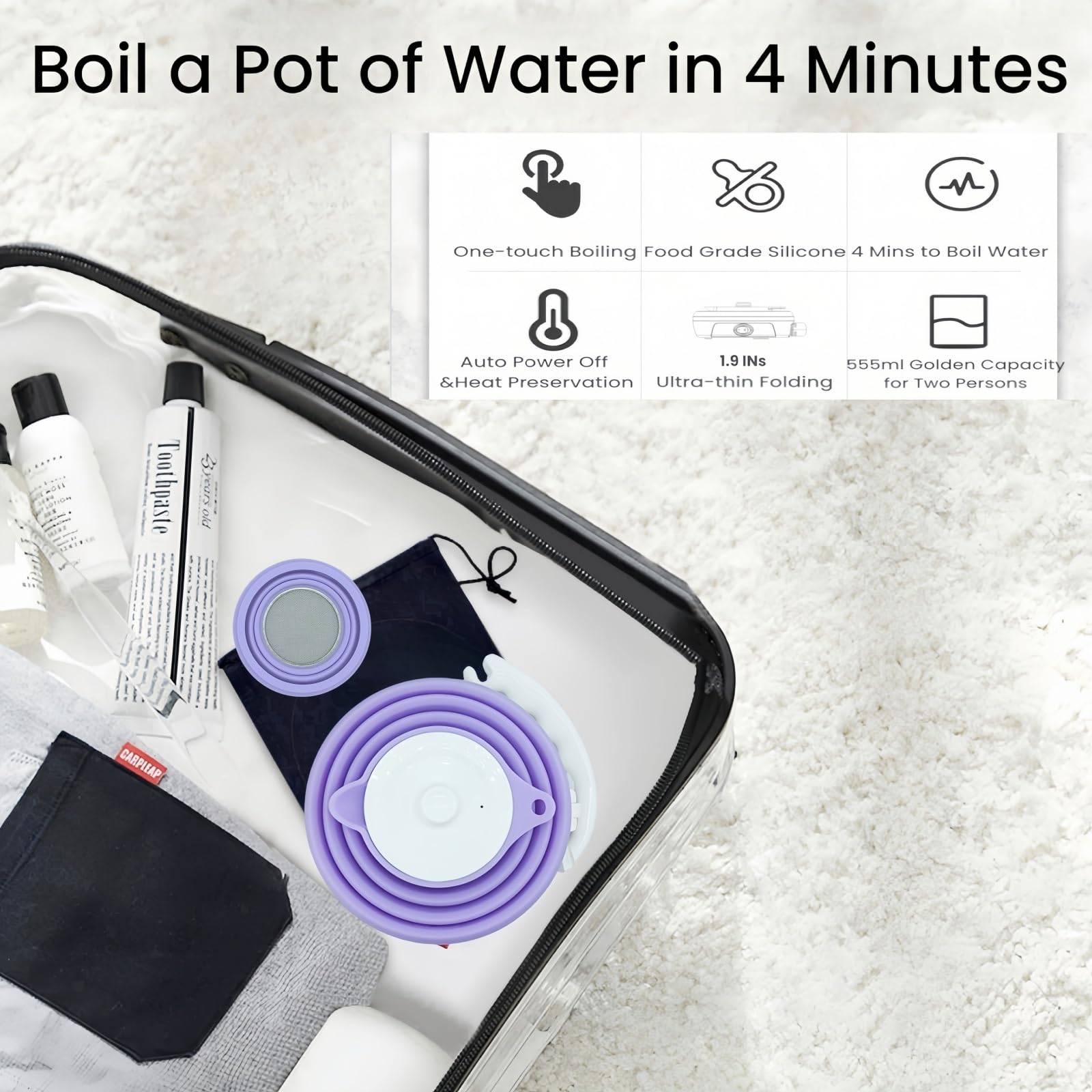 Tragbarer Wasserkocher, zusammenklappbarer elektrischer Reise-Wasserkocher + Reise-Kaffeemaschine, zusammenklappbarer Kaffee-Tropfer (lila)