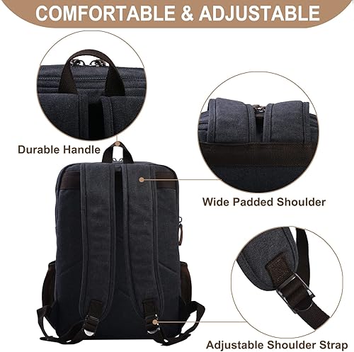 Miniatura 5 de Mochila vintage de lona para laptop para mujeres y hombres, bolsa universitaria para portátiles de 15.6 pulgadas, Negro -, Mochila vintage para