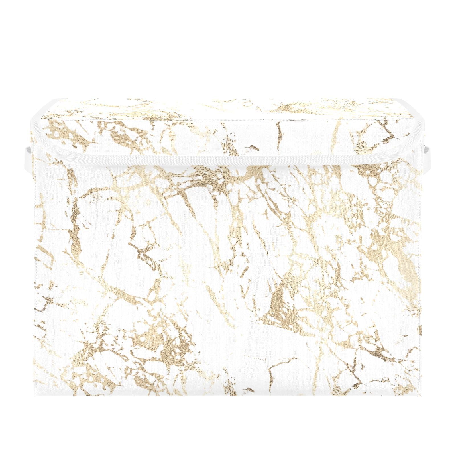 Mnsruu Gold Geometric Golden Lines on White Marble Foldable Storage Boxes with Lid Collapsible Storage Bins Large Clothing Storage Organiser Basket for Toy