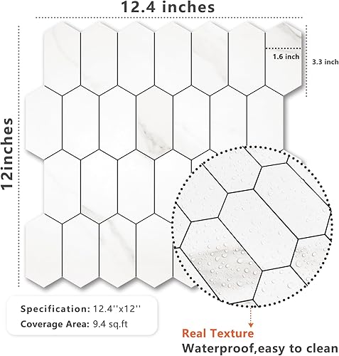 Vista 42 de Vamos Tile Azulejos hexagonales largos para despegar y pegar, 10 hojas para pegar en la pared del muro para la cocina y el baño, Calacatta dorado