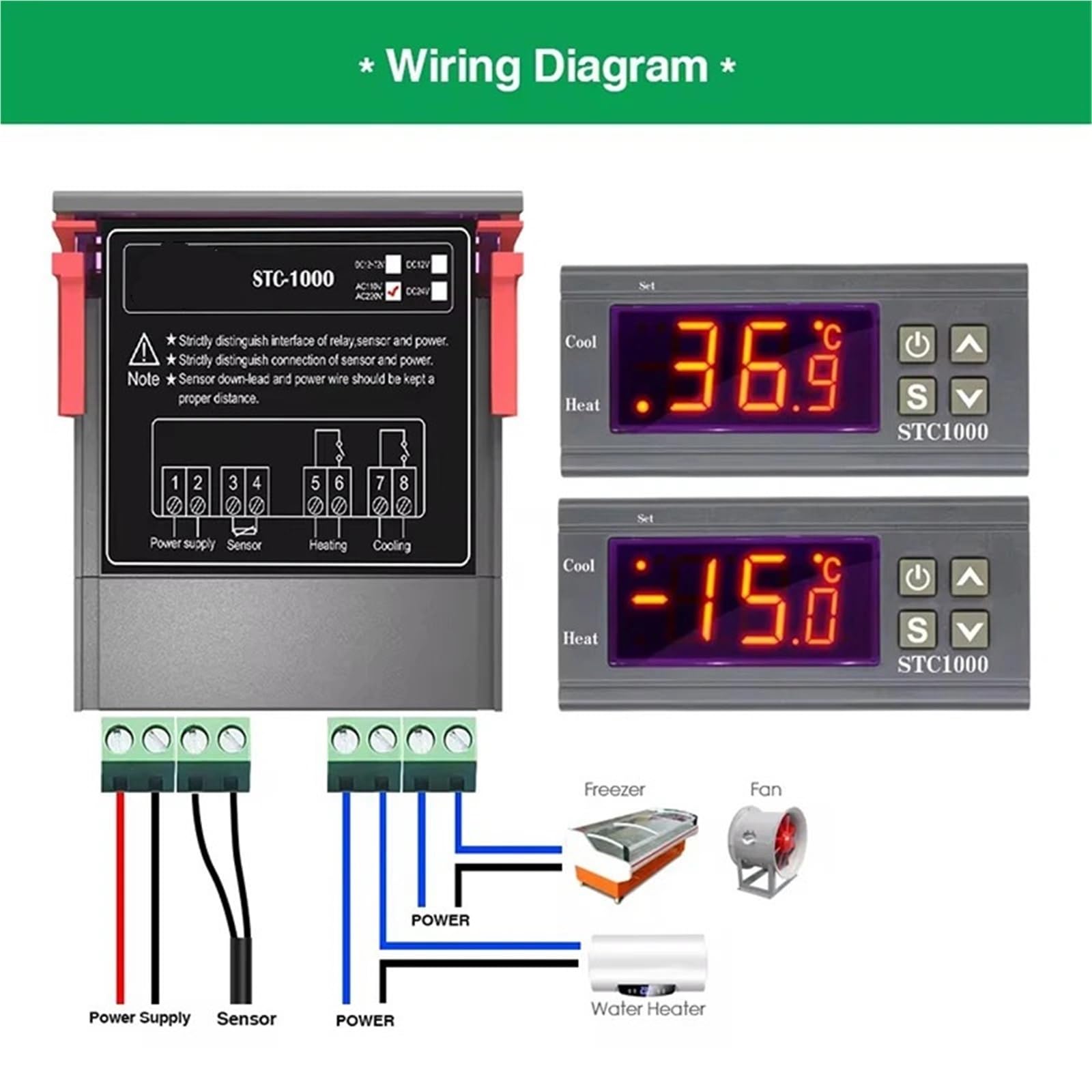 Podwójny cyfrowy kontroler temperatury, dwa przekaźniki, termostat, regulator temperatury 10 A, ogrzewanie, chłodzenie, STC-3008, 12 V, 24 V, 220 V (DC24 V)