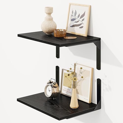 Miniatura 32 de Fun Memories Estantes flotantes profundos para pared, estantes flotantes negros de 12 pulgadas de profundidad, juego de 2, estantes de pared de 16