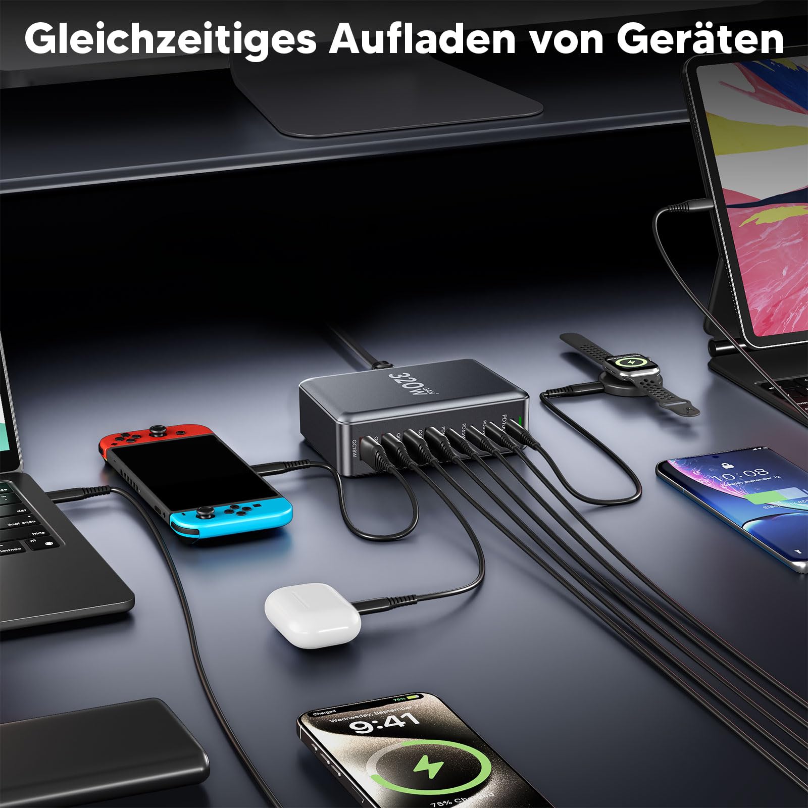 USB C Ladegerät Mehrfach: 320W 8 Anschlüsse GaN III Ladestation, USB-C PD Desktop Ladegerät mit Schnell-Laden, kompatibel mit iPhone, Samsung, MacBook,Dell,SteamDeck und mehr