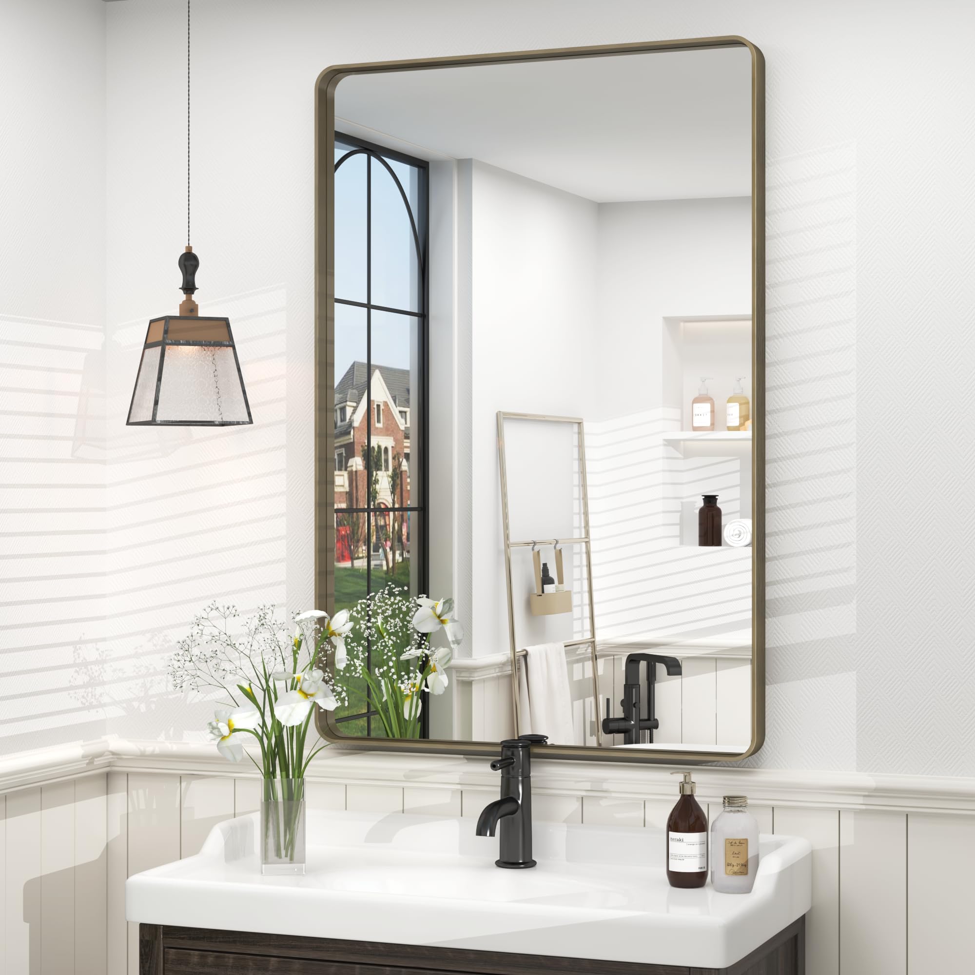 CHARMOR 24x36 Bronze Bathroom Mirror, Brushed Metal Bathroom Vanity Mirrors for Wall, Modern Rounded Corner Rectangle Mirror for Farmhouse, Bedroom, Anti-Rust (Horizontal/Vertical)