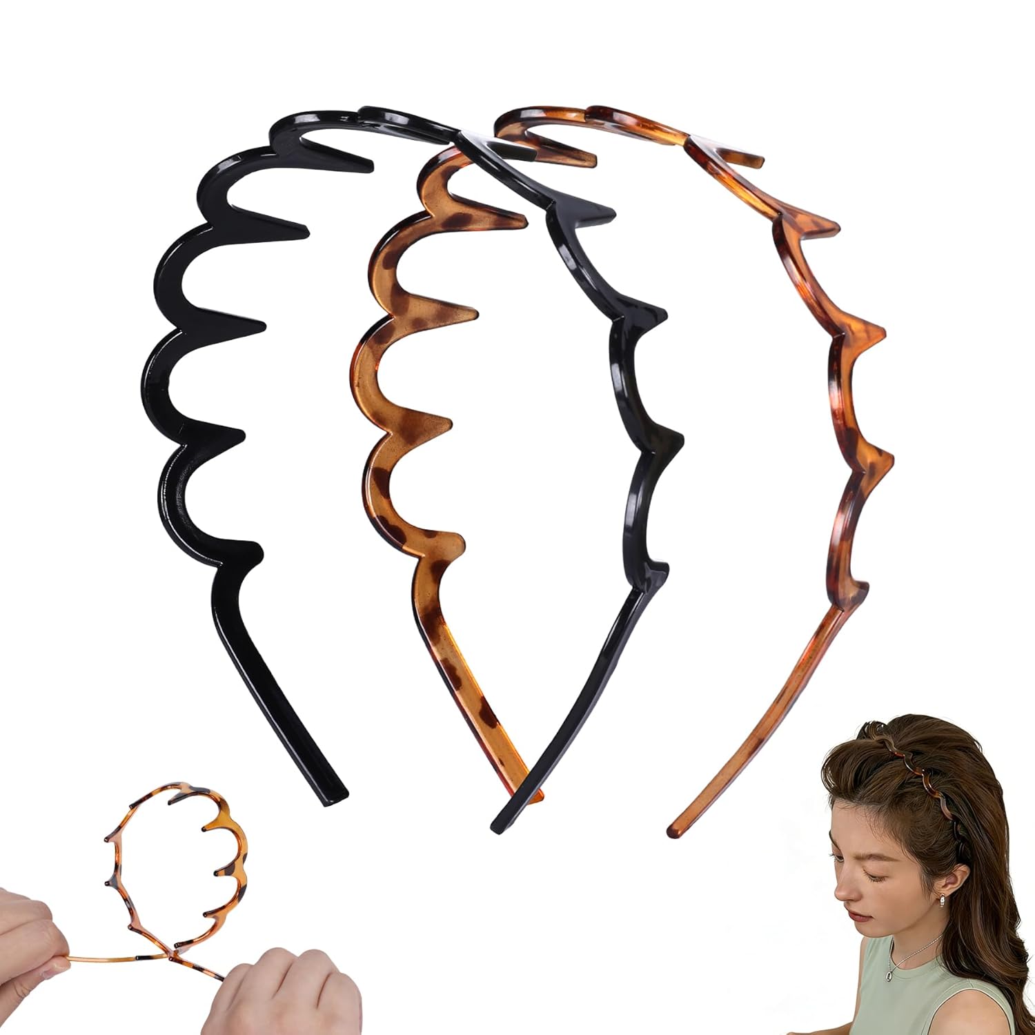 2 Pack Zig Zag Headbands for Women Non-Slip Wavy Plastic Hair Comb Headbands with Teeth U-Shape High Cranium