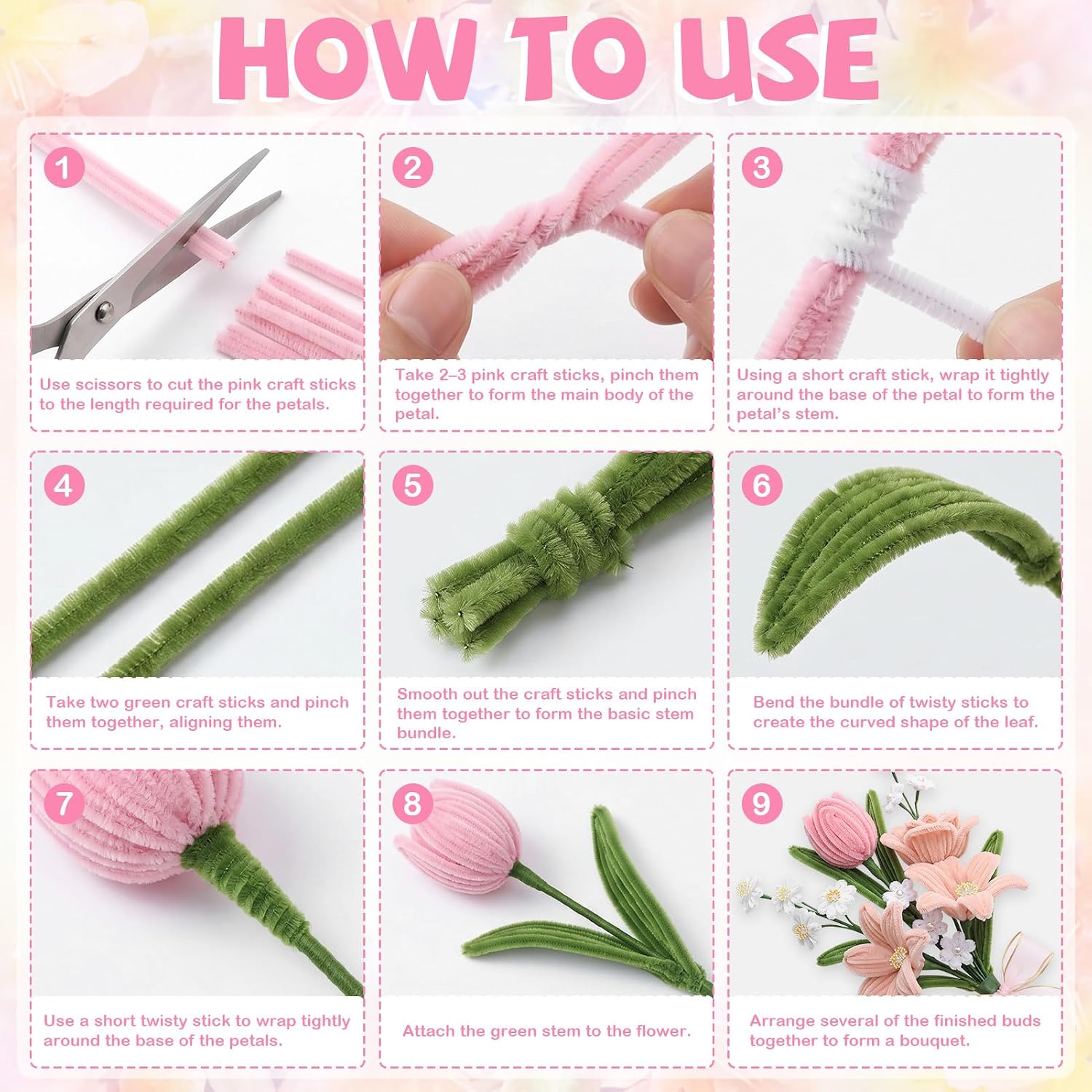 Apparlxer 500Pcs Pipe Cleaner Flower Kit, 5 Colors Chenille Stems Craft Set with Floral Tape, Stamens, Pearls, Ribbon, Gift Wrap, Cards & Instructions for DIY Bouquet Gifts (500 PCS)