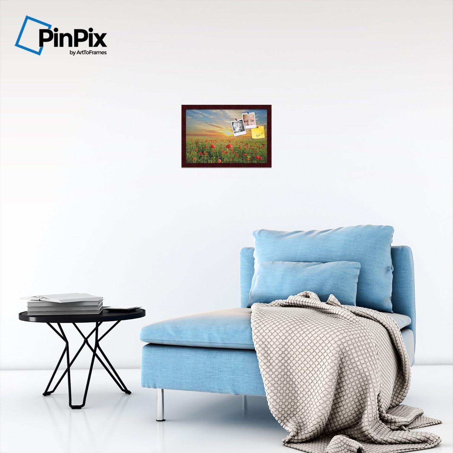 PinPix Custom Printed pin Cork Bulletin Board Made from Canvas, Rose Field Sunset 18 x 12 Inches (Completed Size) and Framed in Classic Mahogany Frame (PinPix-47)