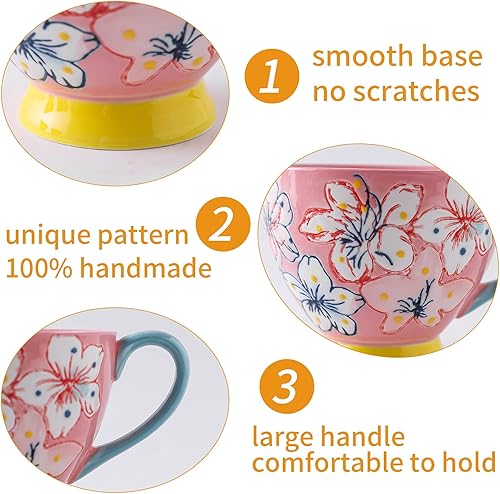 Miniatura 2 de superyes Bonita taza de café de cerámica rosa hecha a mano con diseño floral para leche, café con leche, capuchino, té, cacao, cereales, chocolate