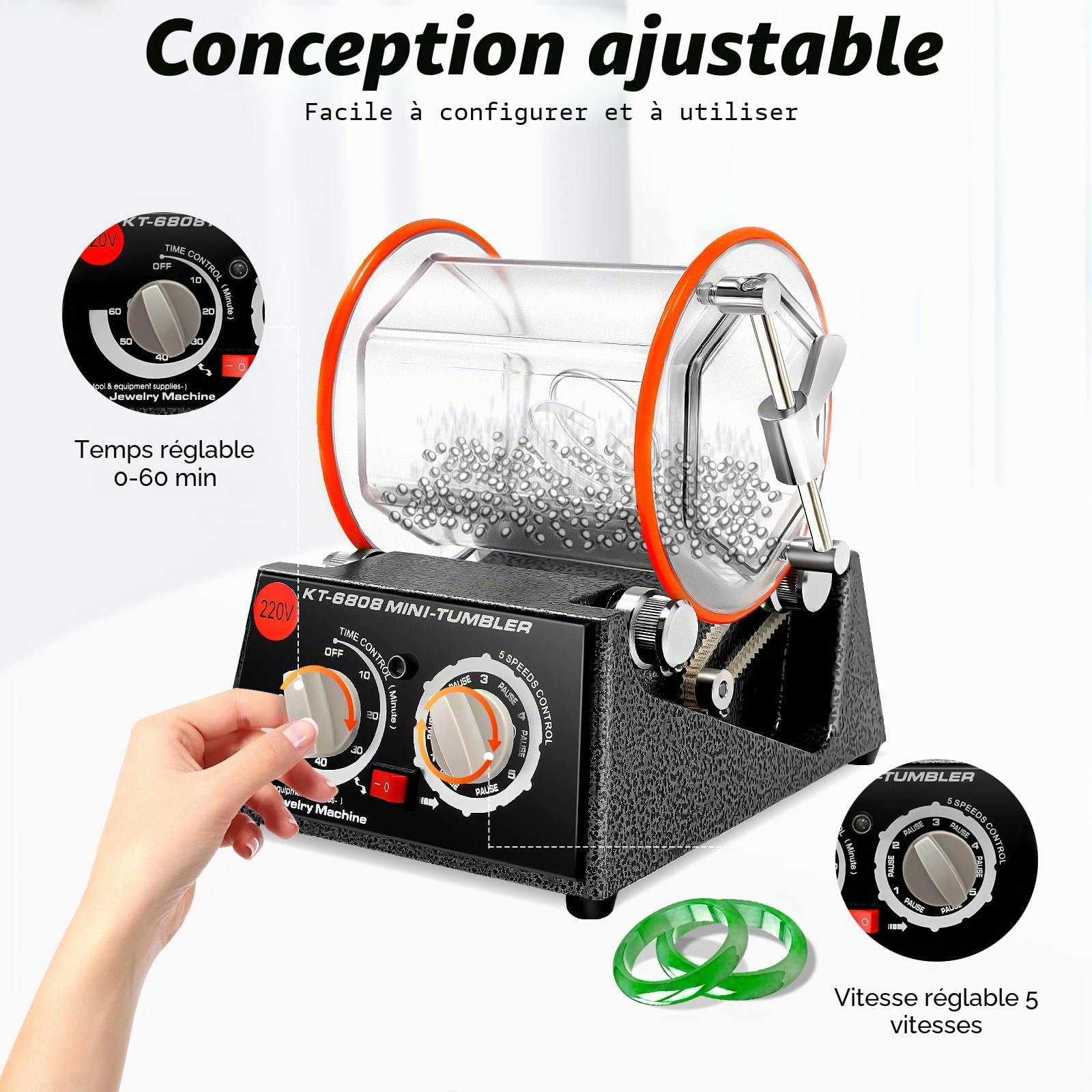 Tambour de polissage rotatif, 3 kg, polisseuse à bijoux avec 4 commandes de vitesse et minuterie, polisseuse rotative