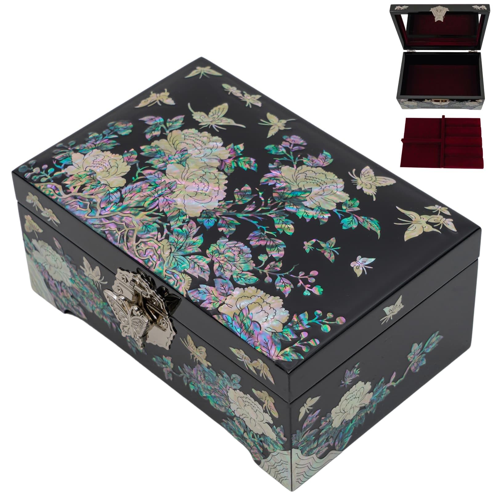 February Mountain Mother of Pearl Jewelry Organizer Box with Ring Tray - Birthday Christmas Anniversary Mothers day Gifts
